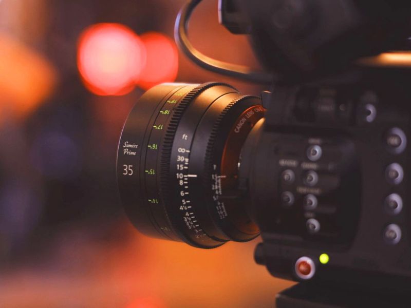 Cinema lens mounted on a cine camera