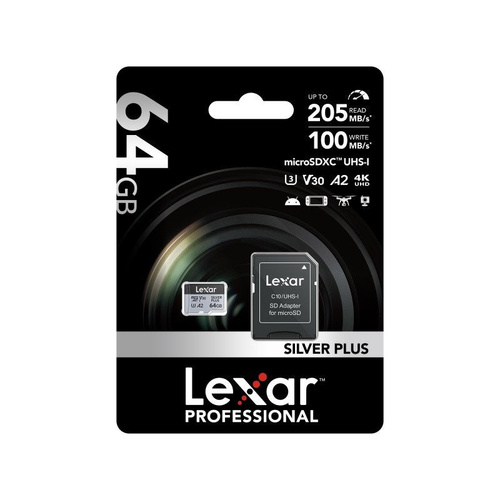 Lexar 64GB Micro SD SILVER PLUS Card 205MBS V30