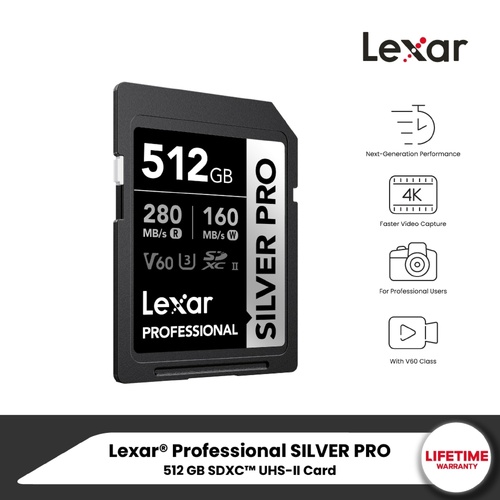 Lexar Pro 512GB 160Mbs SDXC Silver PRO Card V30 UHS-I**