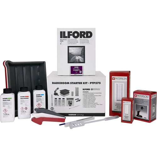 Ilford/Paterson Darkroom Starter Kit with 3 Trays, Tongs, Thermometer, Micro Finder, Chemicals and Paper
